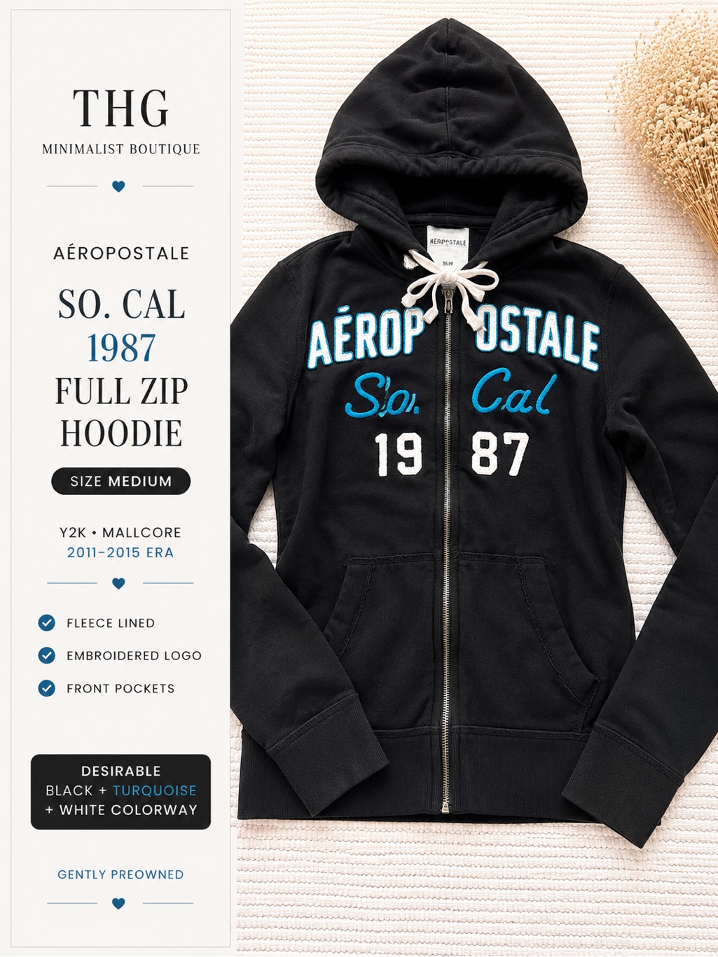 Aeropostale So Cal 1987 Full Zip Hoodie Black Blue Y2k Fleece Medium